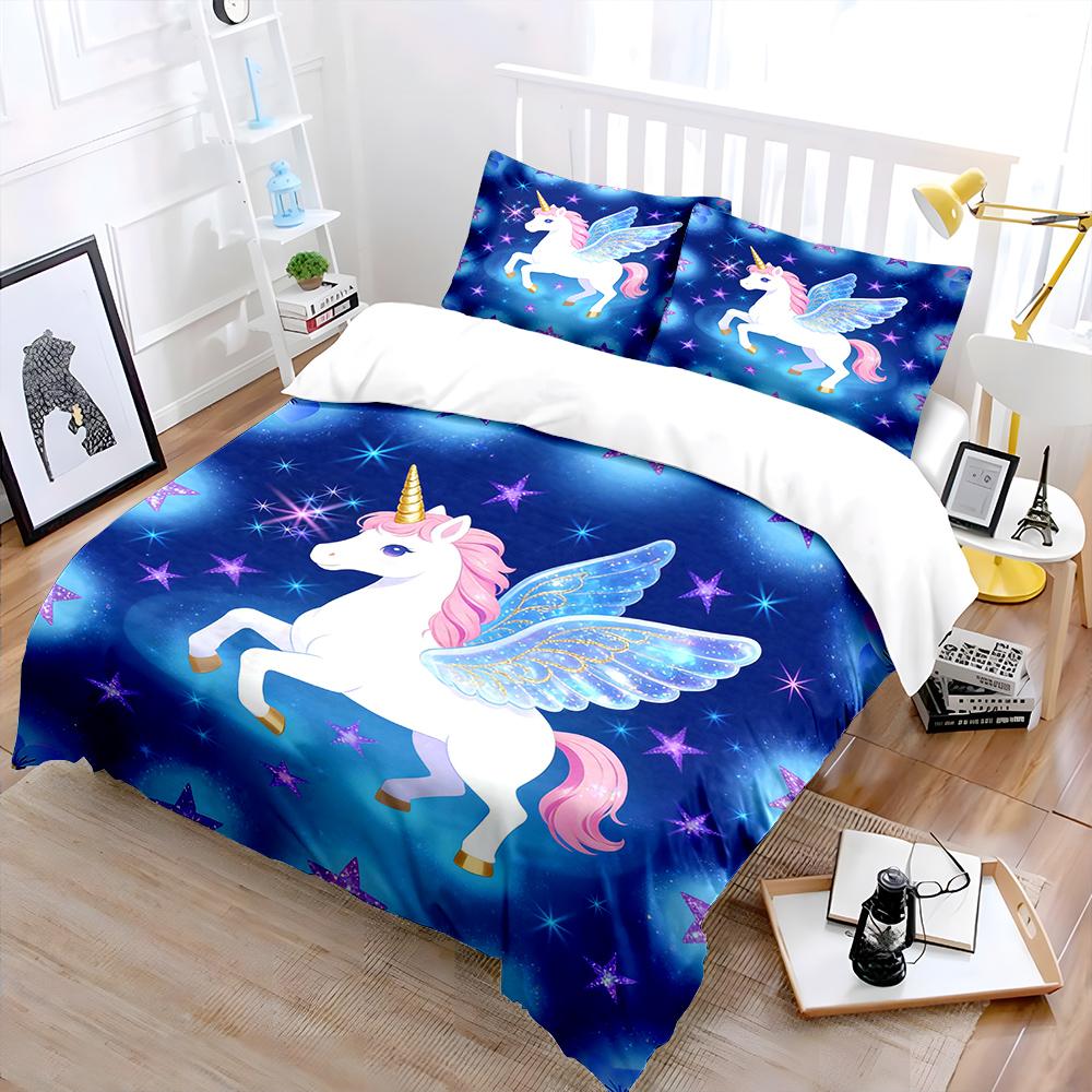 Fantasy Unicorn Flying In Starry Sky Print Bedding Set 1 Duvet Cover 2 Pillowcases for Adult and Children Luxury Gift Full Size