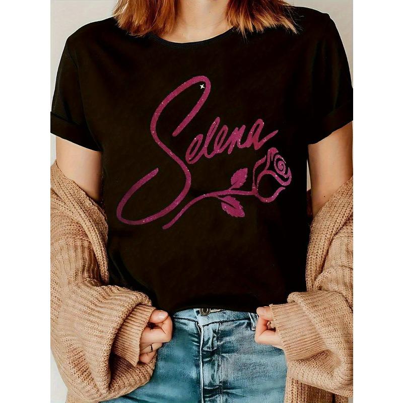 

European sizes Selena Rose Graphic T-Shirt for Women Casual Short Sleeve Pullover for All Seasons 4XL чорний