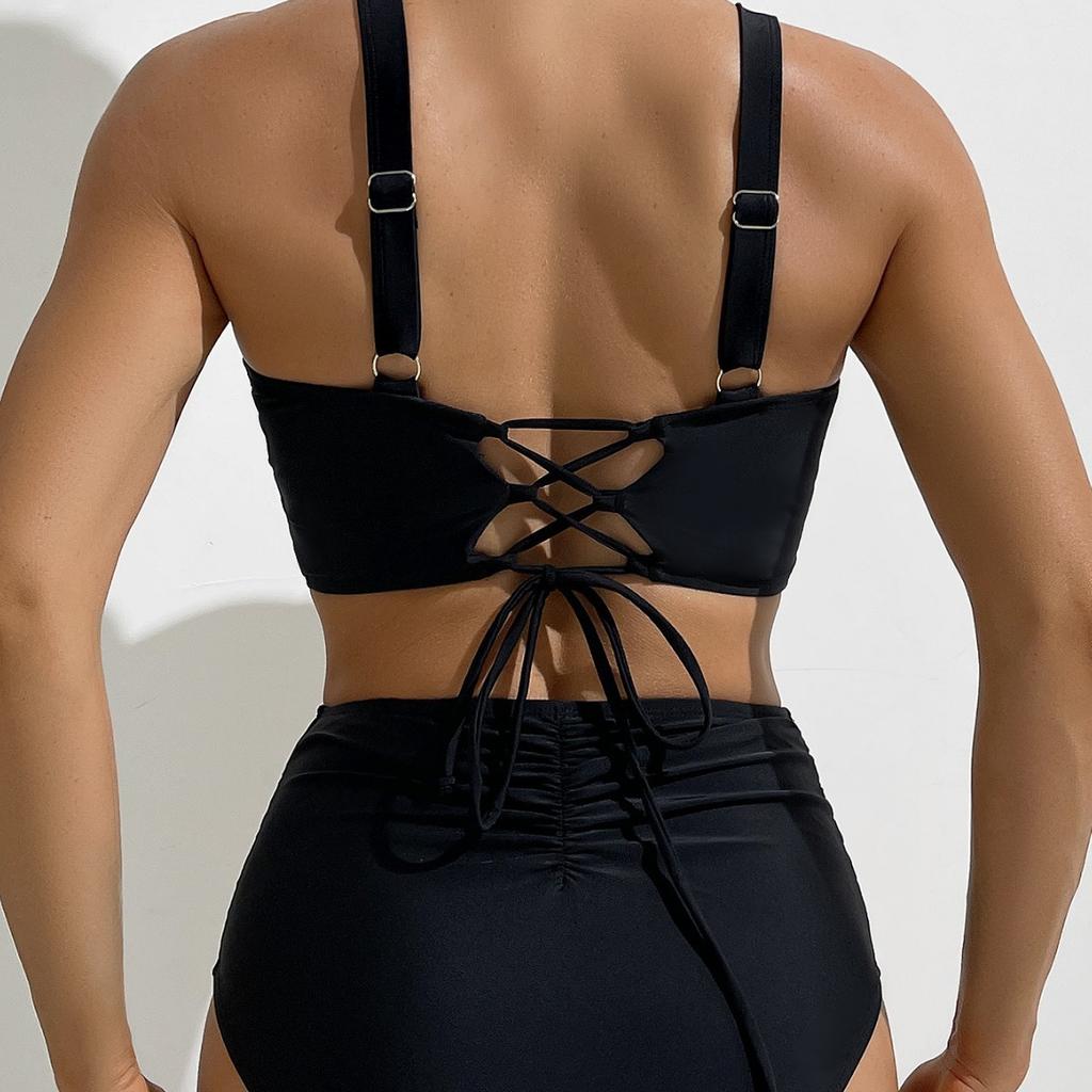 Solid Ruched High Waist Sexy Bikini Set Elegant Slimming Two Piece Swimwear