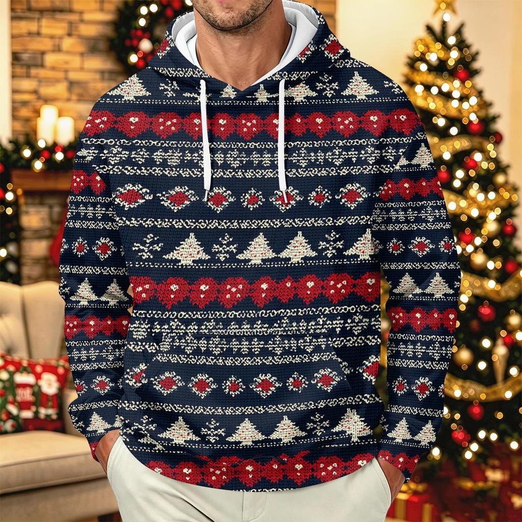 Men's Long Sleeve Christmas Print Pullover Hoodie for Holiday Party and Everyday Wear