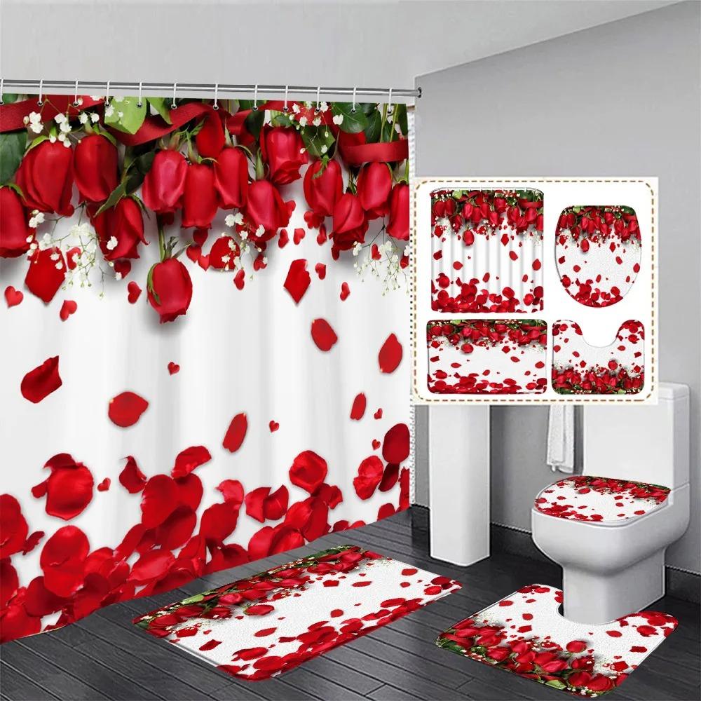 Valentine'S Day Shower Curtain Set Red Heart Shaped Rose Flowers Lovers Gift Home Bathroom Decoration Bath Mats Toilet Lid Cover