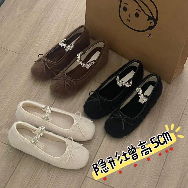 Small Man Inner Height Increase 5cm French Ballet Fluffy Shoes Women Wear Velvet Rhinestone Mary Jane Shoes In Winter