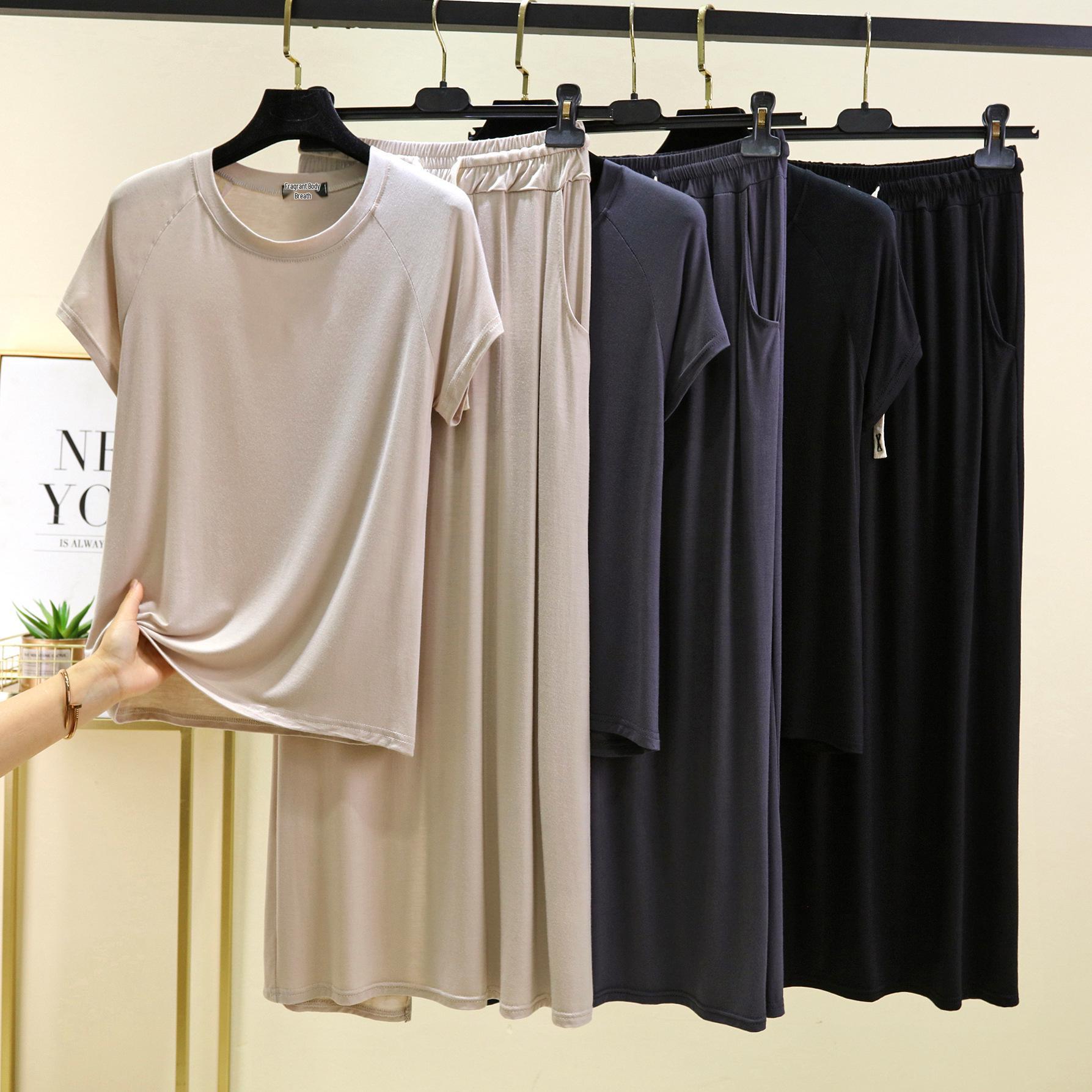 

Women s Solid Color Short Sleeve Midi Skirt Set - New Korean Style Casual Summer Two-Piece Homewear XXL