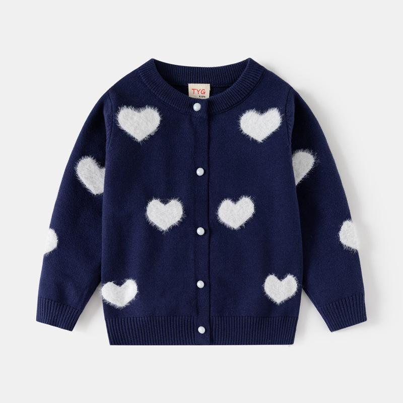 Jinbei Girls' Heart Jacquard Faux Mink Cardigan - Autumn Baby Round Neck Sweater