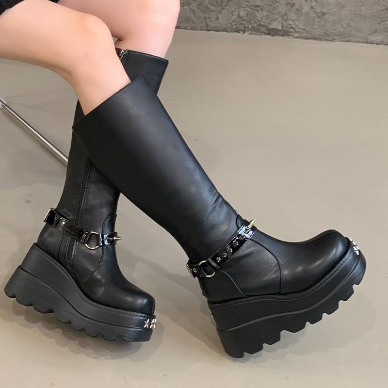 Women Knee High Boots Winter Platform Women Thigh High Boots Fashion Belt Buckle Long Booties Vintage Square Ladies Shoes