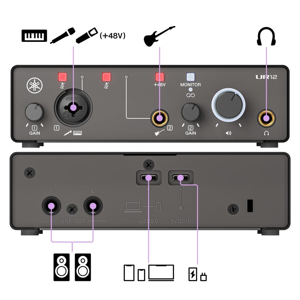 Yamaha UR12MK3 B USB Audio Loopback for Music and Black 2.0 Interface, 24-bit/192kHz, 2-in/2-out, Function, Production, Recording, Streaming,