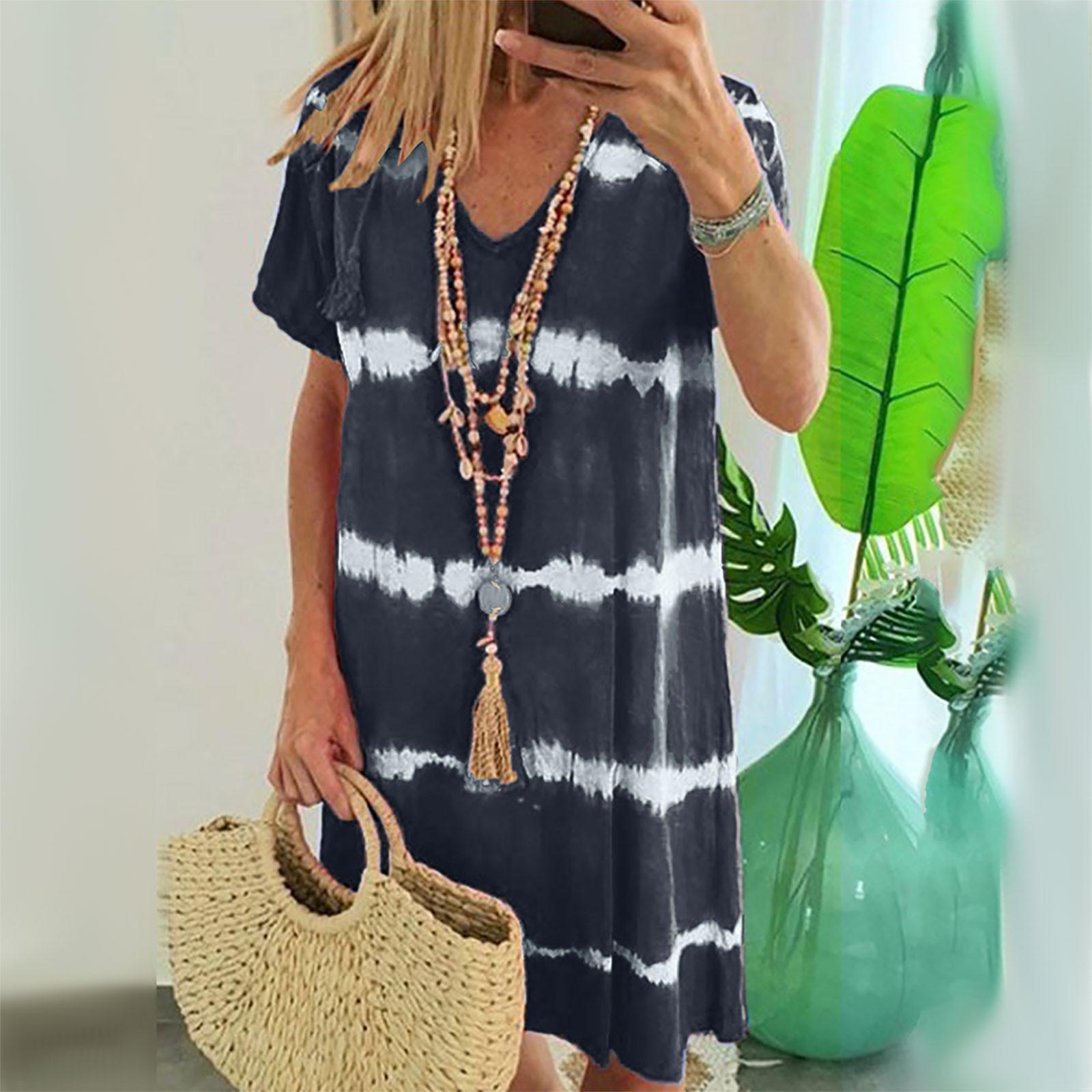 Women s Pullover V-Neck Fashion Tie Dyed Short Sleeve Knee Length Dress XL чёрный