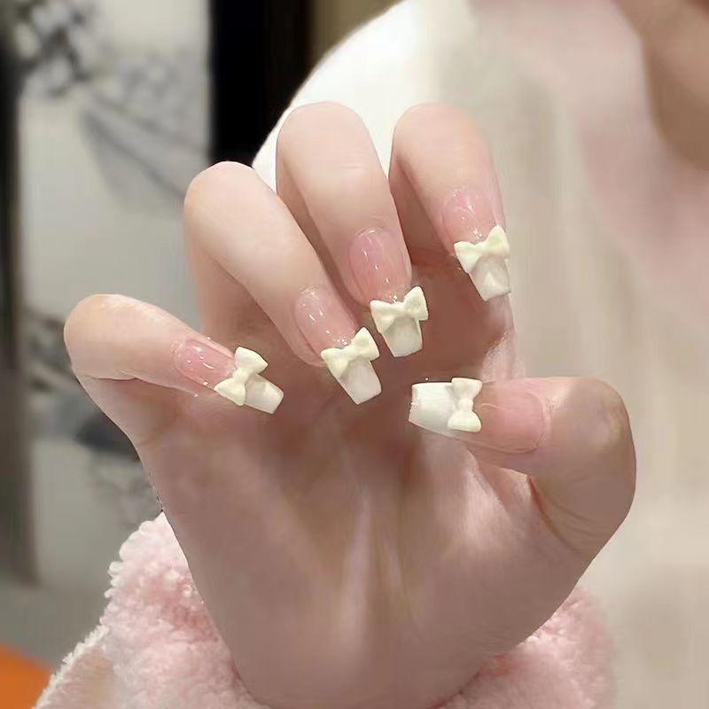 

Internet Celebrity Ins Wear Armor Nail Stickers Fake Nails Removable Nail Tip Finished Wearable Student White Long Milk Yellow Butterfly/Long/Nail Art Kit