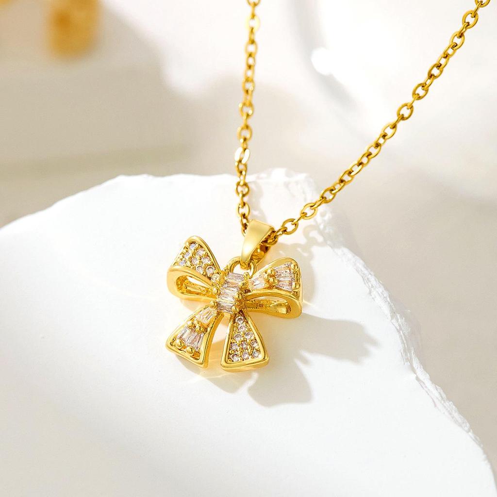 Sweet Zircon Bow Necklace - Women’s Titanium Steel Design