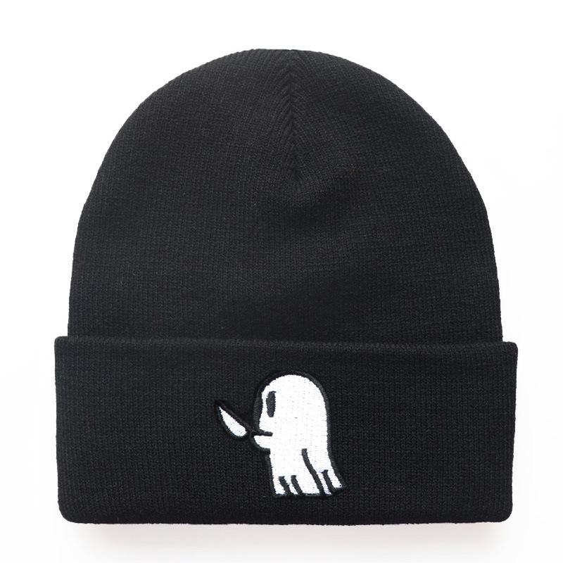 Unisex Student Hip-hop Cute Cartoon Hat with Ghost Embroidery, Knitted Beanie, Outdoor Sports Warm Hat