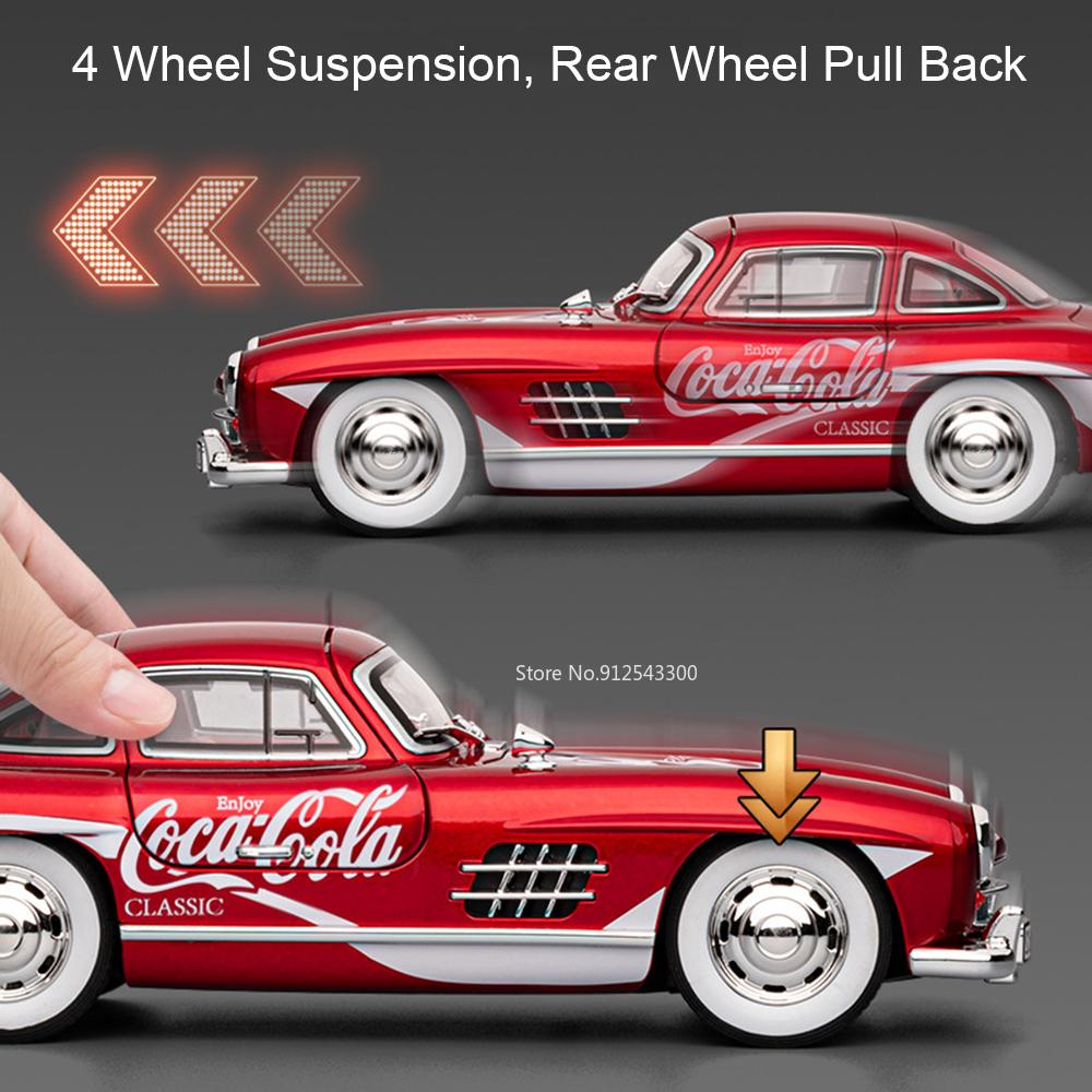 1:24 Scale 300SL 500K Vintage Car Toy Model Alloy Body Doors Opened Music Light Pull Back Vehicles Models Kids Hobby Gifts