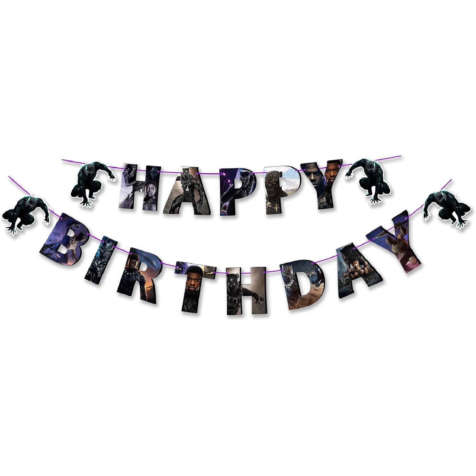 Blck Panther Happy Birthday Banner Decoration – Superhero-Themed Party Garland Featuring Bold Panther Designs & Vibrant Colors – Fun Supplies for
