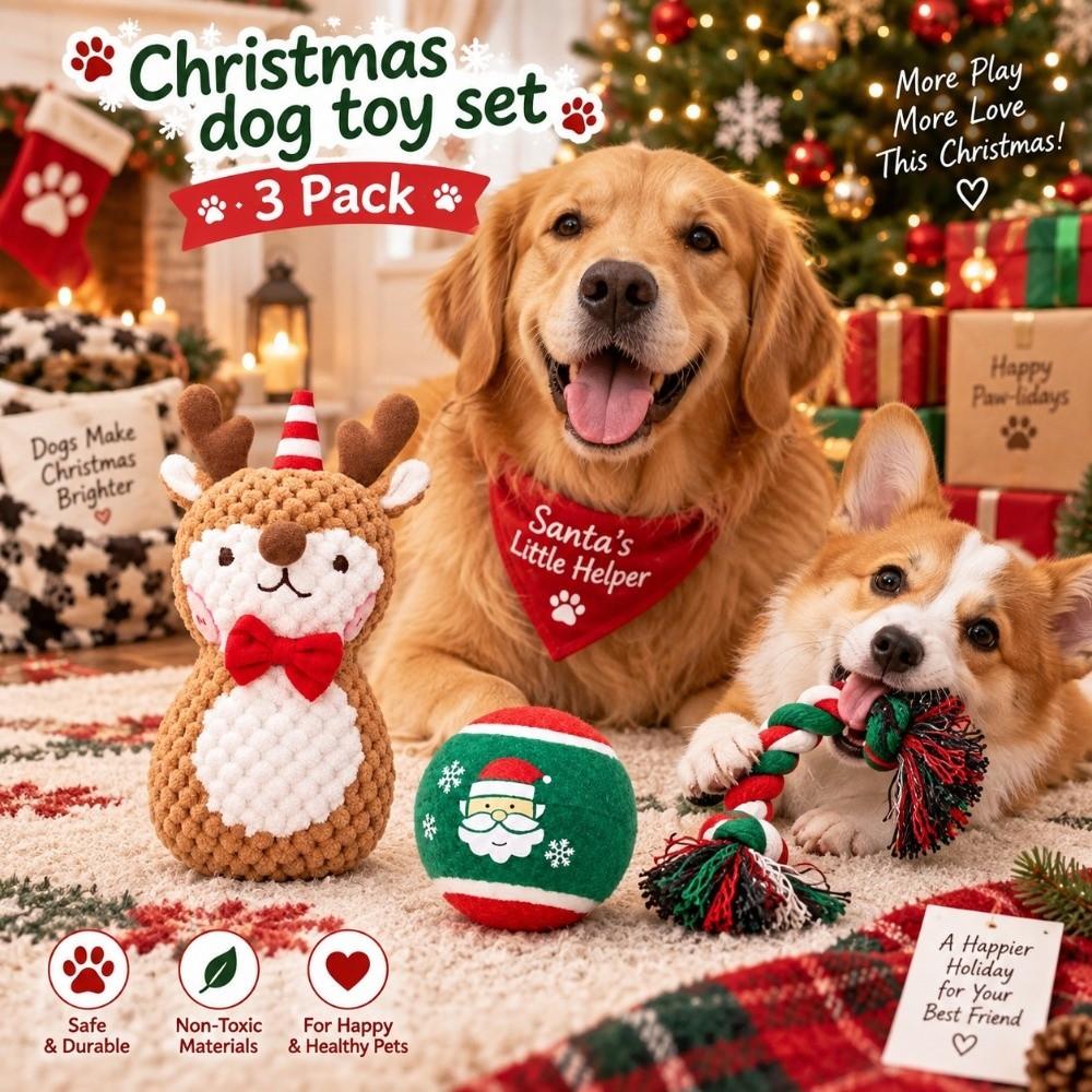 3pcs Xmas Tree Pet Chew Toy Ball Christmas Santa Pet Toy Festive Puppy Biting Toy Large Dogs