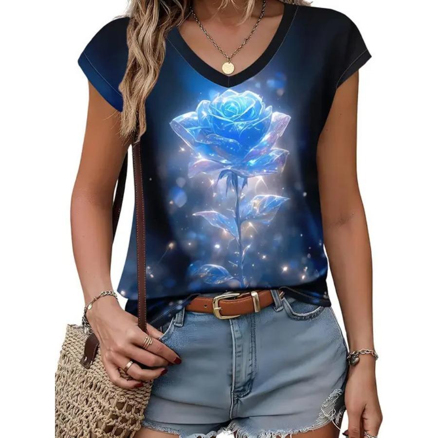 Camiseta vintage para mujer con estampado floral, manga corta, cuello en V, tops cómodos