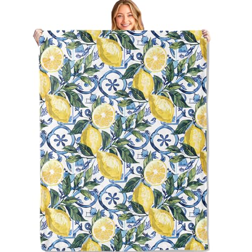 Throw Blanket: 50x60in Soft Flannel - Vibrant Lemon Tile Pattern Lightweight Couch Blanket for Kids Adults Travel Home Living Room Decor