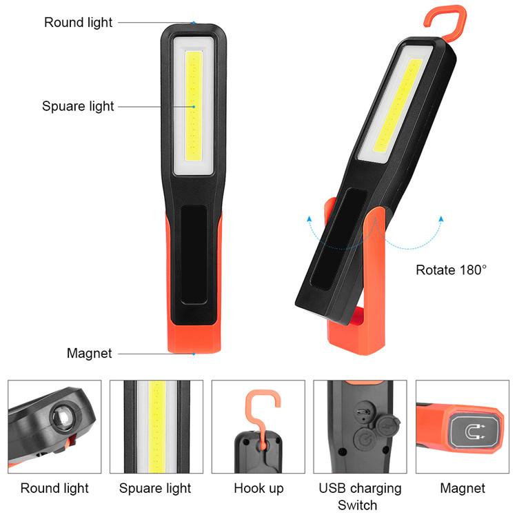 Portable Spotlight Working Light Rechargeable LED COB Camping Work Inspection Light Lamp Hand Hook Clip Torch
