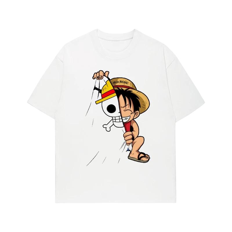 One Piece Monkey D Luffy Chibi Flag Pull TShirt Men Women 100 Cotton Anime Graphic Tee Oversized Streetwear Short Sleeve