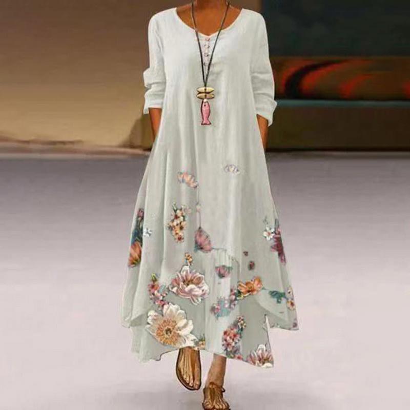Women's Fashion Floral Print Long Sleeve Dress Ladies Round Neck Double Layer Maxi Dresses Casual Loose Dress Plus Size XS-5XL