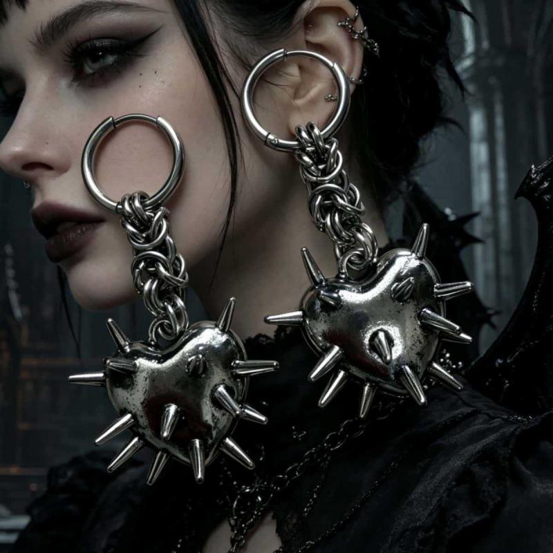 Gothic Punk Wolf Tooth Spike & Heart Chain Earrings