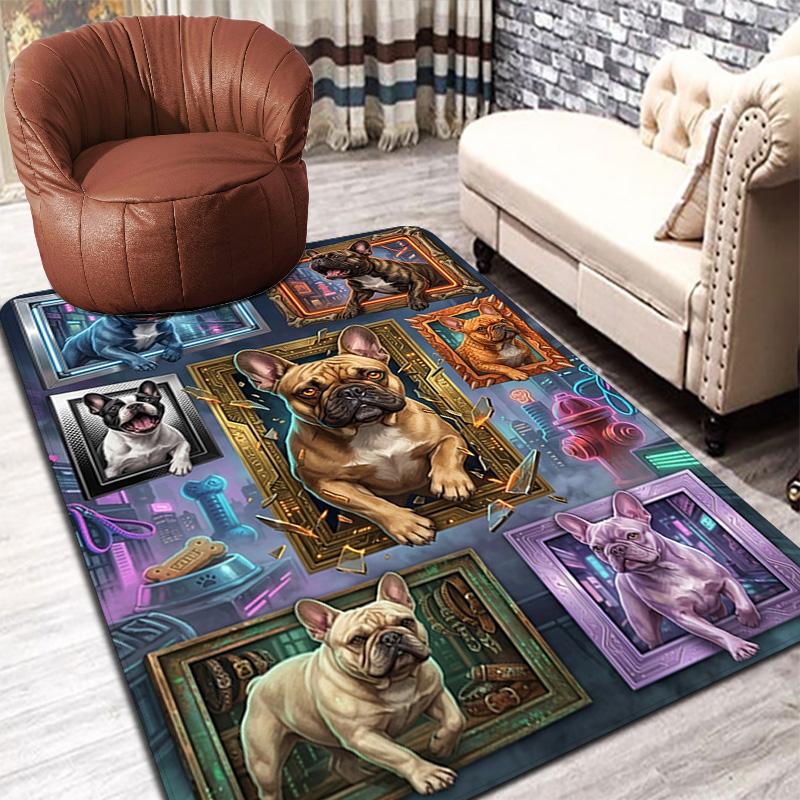 Frenchie Frames Neon Cityscape Pattern Rug Floor Mat for Living Room or Bedroom Soft and Comfortable Carpet a Gift for Birthday and Holiday.
