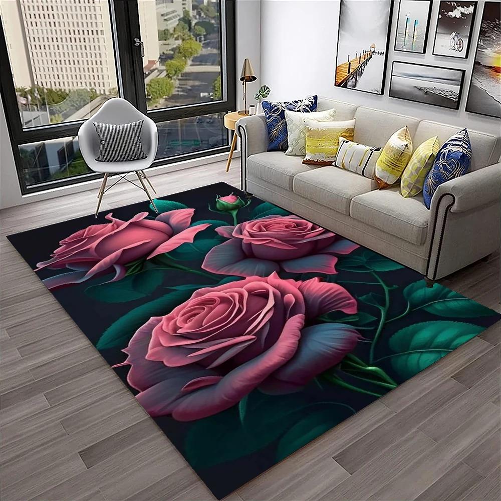 Romantic Rose Flower Carpet Home Living Room Area Rug Bedroom Doormat Non-slip Foldable Washable Floor Mat For Entryway Hallway