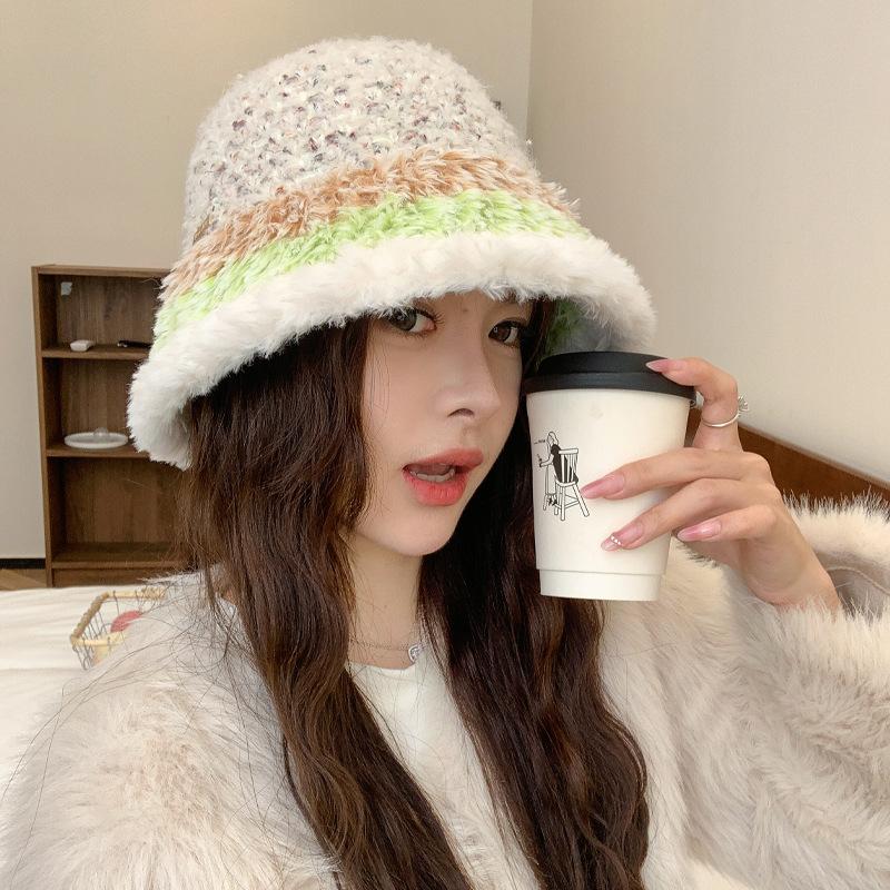 Autumn and winter knitted color matching basin hat, femininity, simple and elegant, high-end bucket hat, warm and cold-proof, small wool hat