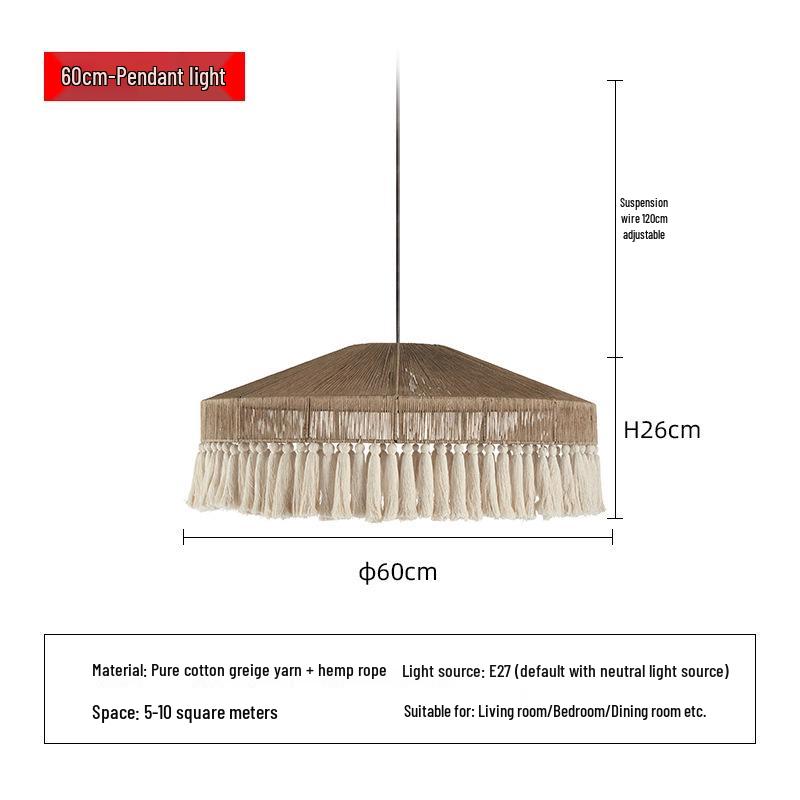Wabi-Sabi Retro Hemp Rope Tassel Chandelier for Bedroom or Living Room