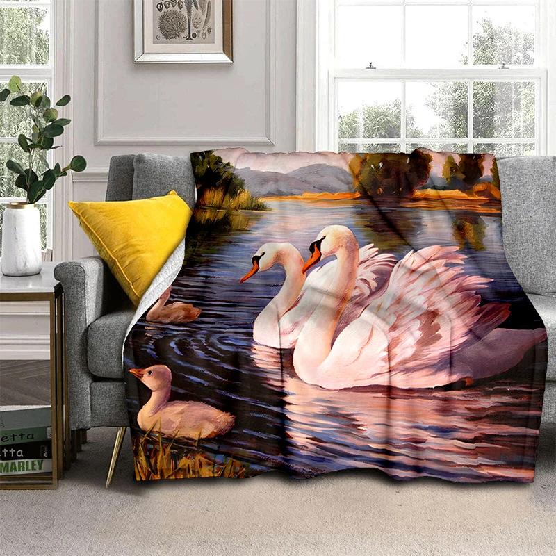 Romantic Swan Themed Blanket Couple Soft Flannel Blanket Holiday Gifts Air Travel Blanket