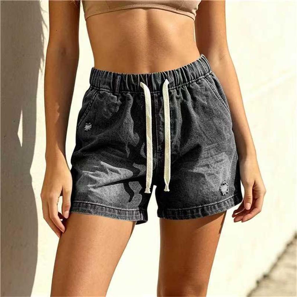 Women's Casual Distressed Denim Shorts with Elastic Drawstring Waist Relaxed Fit Three Inch Inseam Lightweight Summer Bottoms