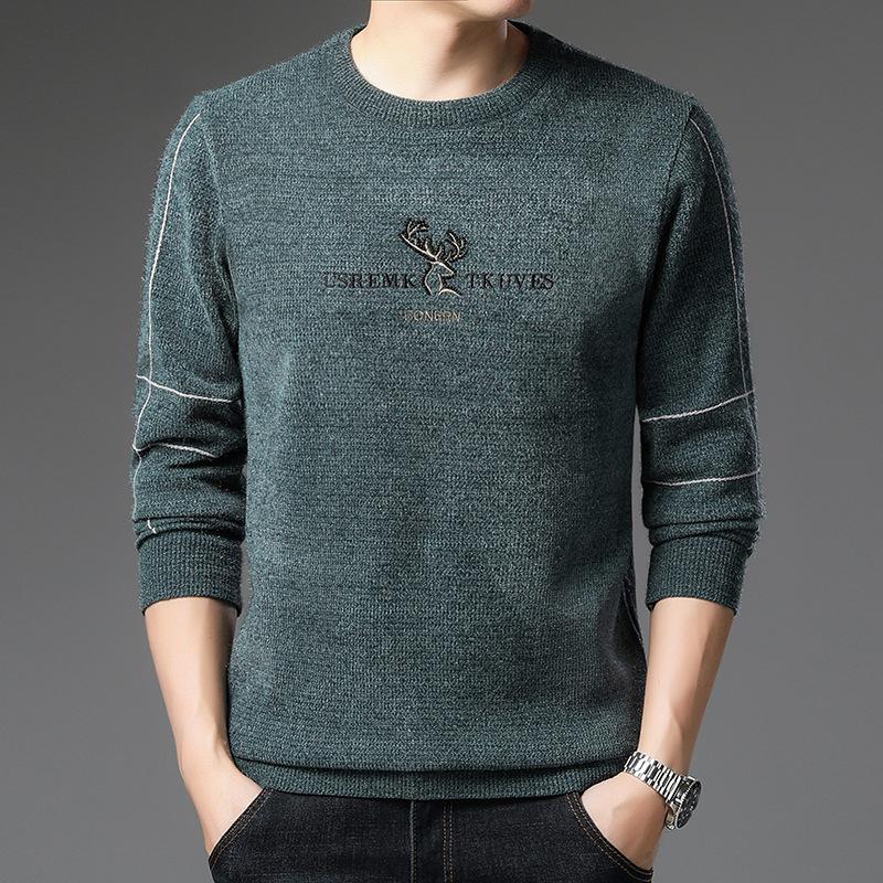 New Winter Velvet Warm Sweater for Men Thickened Chenille Middle-aged Men's Round Neck Knitted Bottoming Shirt for Men