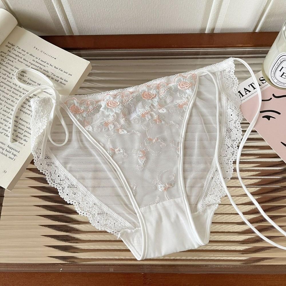Fashion Low Waist Embroidery Flower Panties Transparent Cotton Crotch Underwear for Women Sweet Mesh Lace Briefs Lady