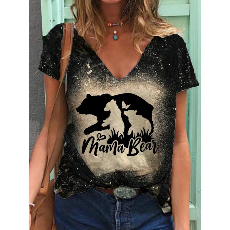 Summer V-neck 3D Mother's Day Alphabet Flower Printed Top Fashionable Casual Short Sleeved Women's T-shirts