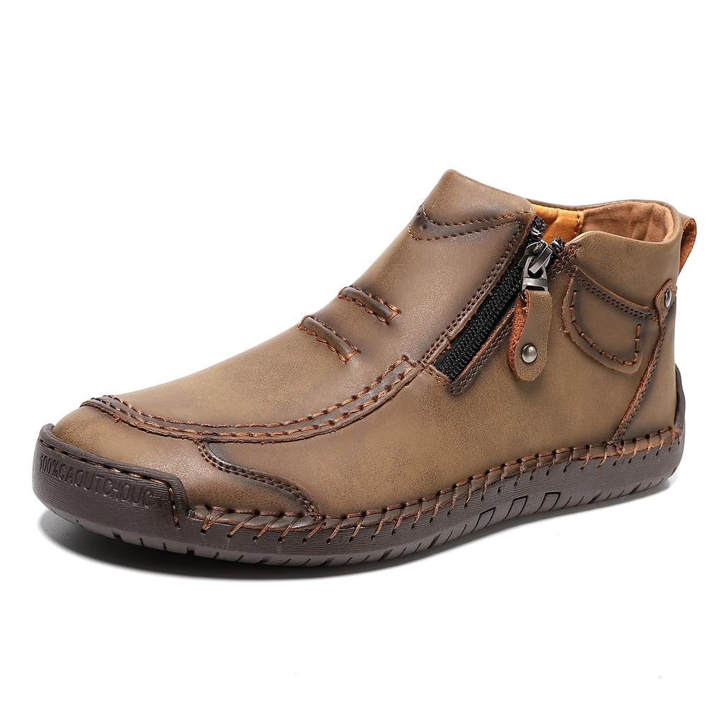 Men's Plus Size Zipper Martin Ankle Boots - Outdoor Casual Flat Sole Hand-Stitched Short Boots