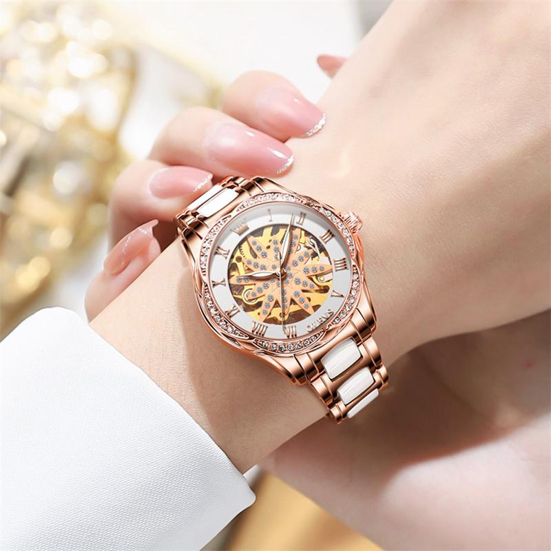 OLEVS Brand Rose Gold Ceramics Automatic Mechanical Women Watch Fashion Ladies Rhinestone Skeleton Luxury Watches Reloj Mujer