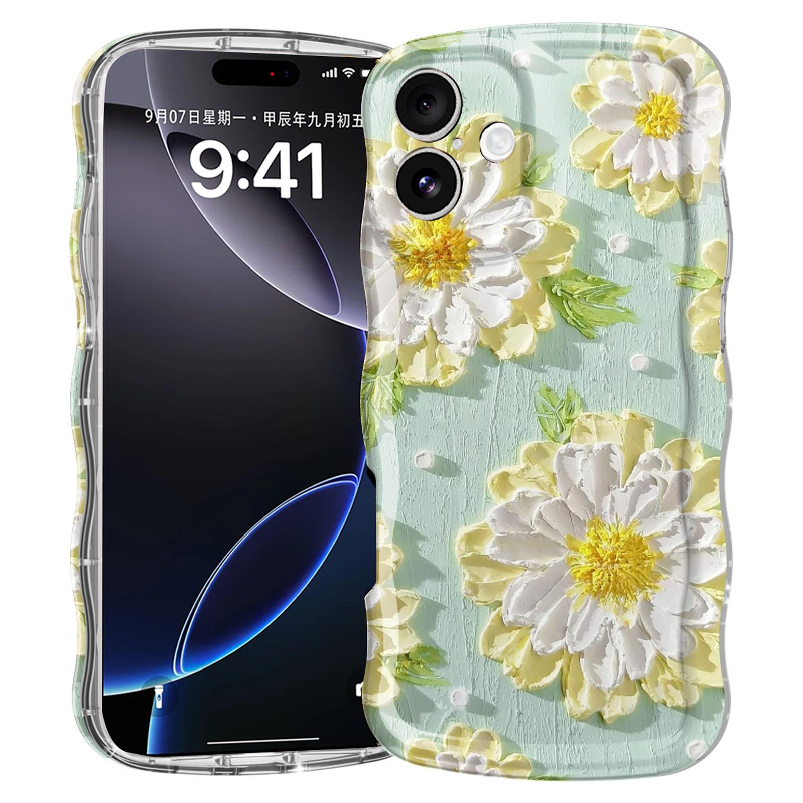 

For iPhone 16 Plus Case Curly Wave Frame Floral IMD TPU Phone Cover GWL10220