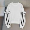 Women Striped Bow Detail Loose Long Sleeve Casual Round Neck Pullover Sweatshirt