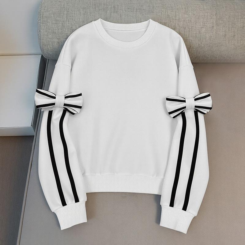 Women Striped Bow Detail Loose Long Sleeve Casual Round Neck Pullover Sweatshirt