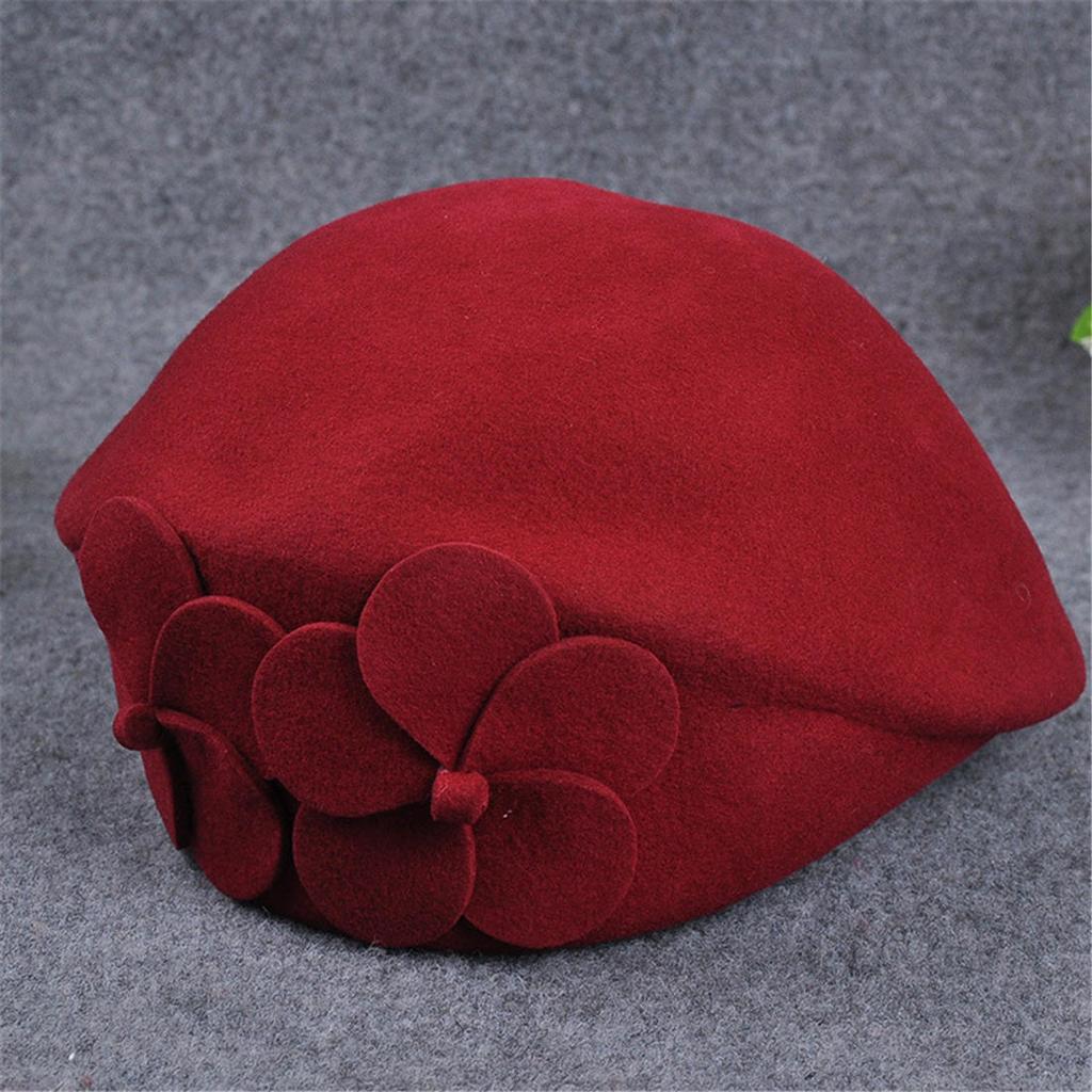 Elegant British Style Double Flower Woolen Beret Hat Ladies Winter Wool Felt Hat Airline Stewardess Cap