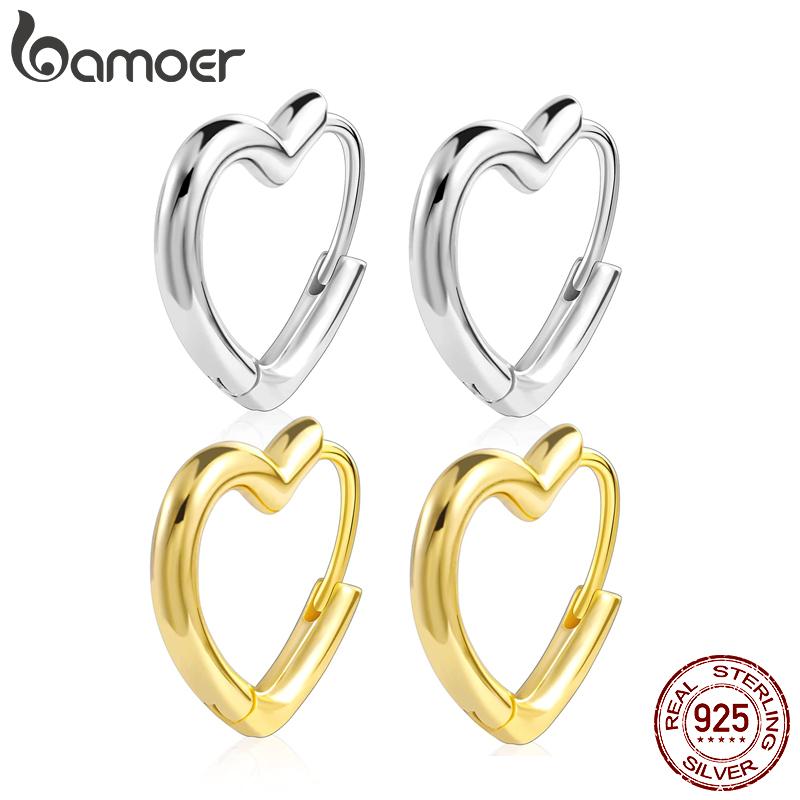 BAMOER 925 Silver Small Hoop Earrings Heart Shaped 14k Gold Plated Huggie Earrings for Women Wedding Fashion Jewelry