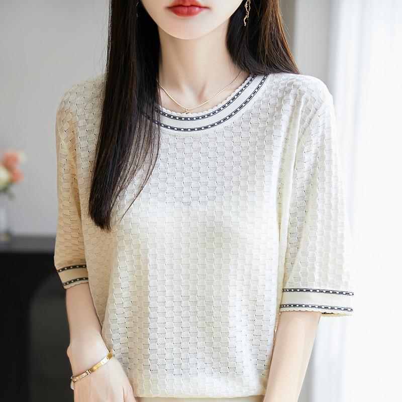 

Новый вязаный свитер с коротким рукавом, контрастных цветов и с пунктирными краями XL бежевый