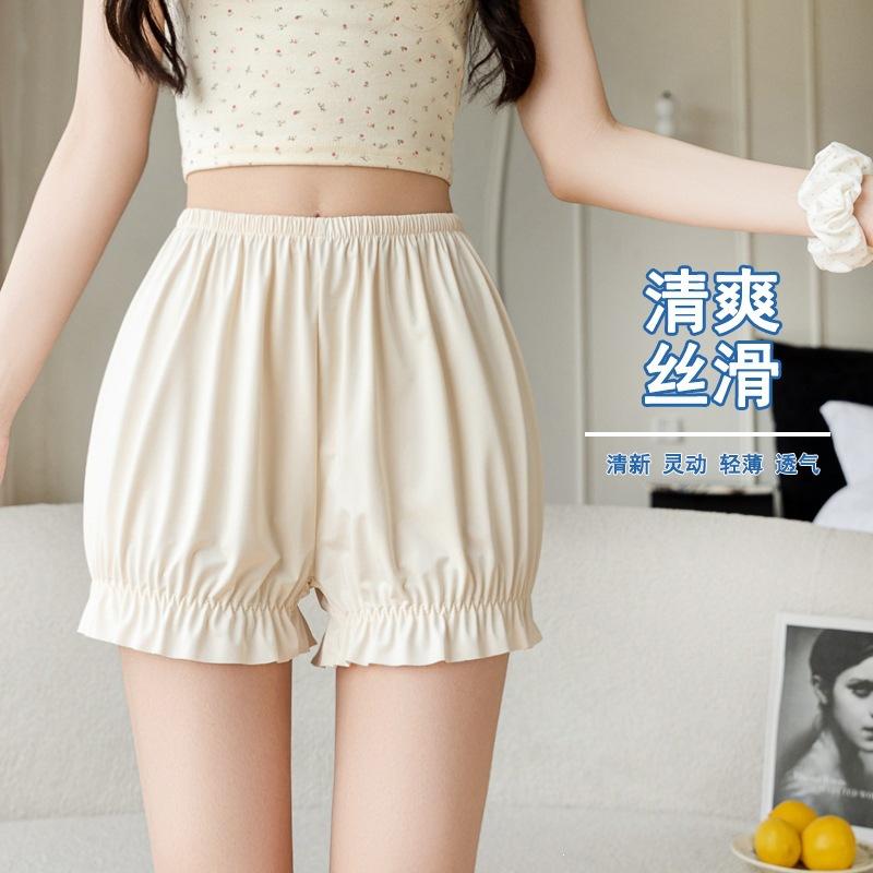 Women's Elastic Waist Shorts Loose Fit Safety Shorts Thin Knit Fabric Solid Color Ruffle Edge Casual Summer Pumpkin Shorts