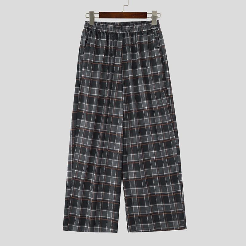 INCERUN Men Casual Loose Elastic Waist Plaid Print Wide Legs Pants Long Trousers