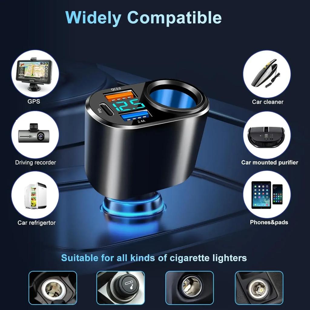 One To Four Car Charger with Cigarette Lighter Expansion Hole 90W Multifunctional Car Charger  High Power Cigarette Lighter