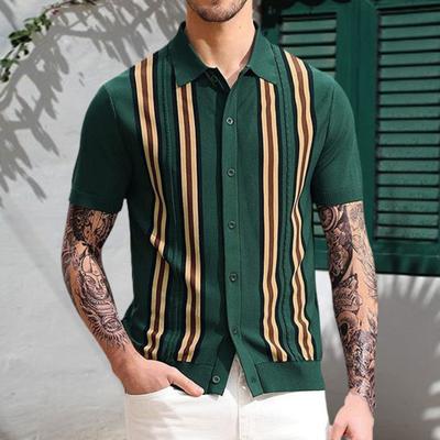 Men Shirt Contrast Color Single-breasted Short Sleeve Stripe Print Knitted Summer Tops Male