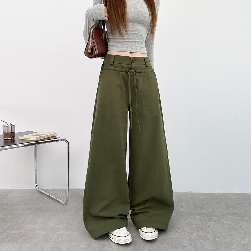Army Green Cotton Casual Straight-leg Pants Women's New Design High Waist Straps Loose Sports Wide-leg Pants