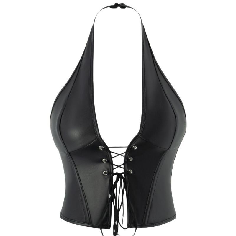 Black Faux Leather Halter Corset Top Lace Up Front Deep V Neck Boned Bustier for Women S