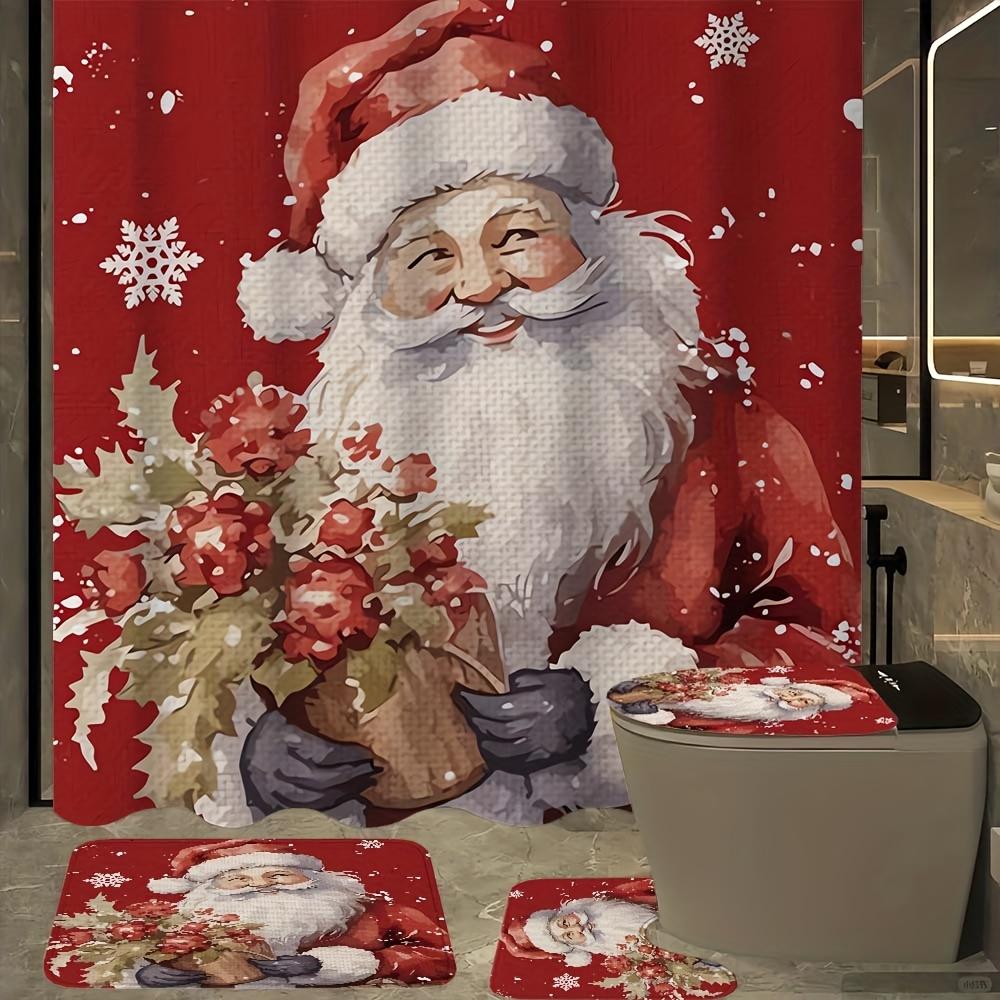 4-teiliges Badezimmer-Duschvorhang-Set Weihnachtsmann Badezimmervorhang mit 12 Haken Rutschfeste Teppiche Toilettendeckelmatte Badezimmer-Trennwand