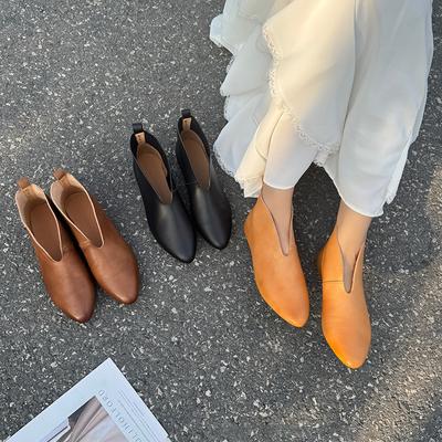 Genuine Leather Solid Color Flat Shoes Casual Pointed Toe Soft Soled Cowhide Women's Short Boots