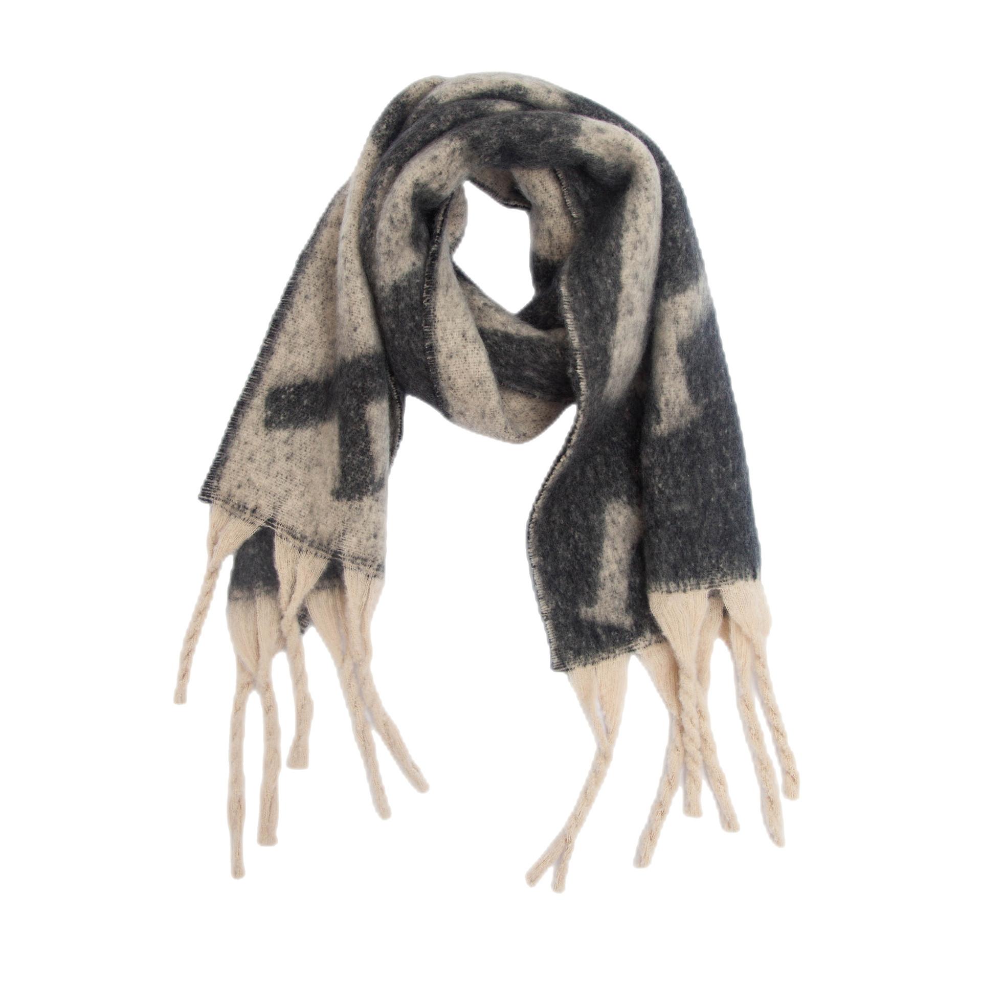 

Женская теплая шаль, осенне-зимний толстый шарф с кисточками и буквами серый/бежевый