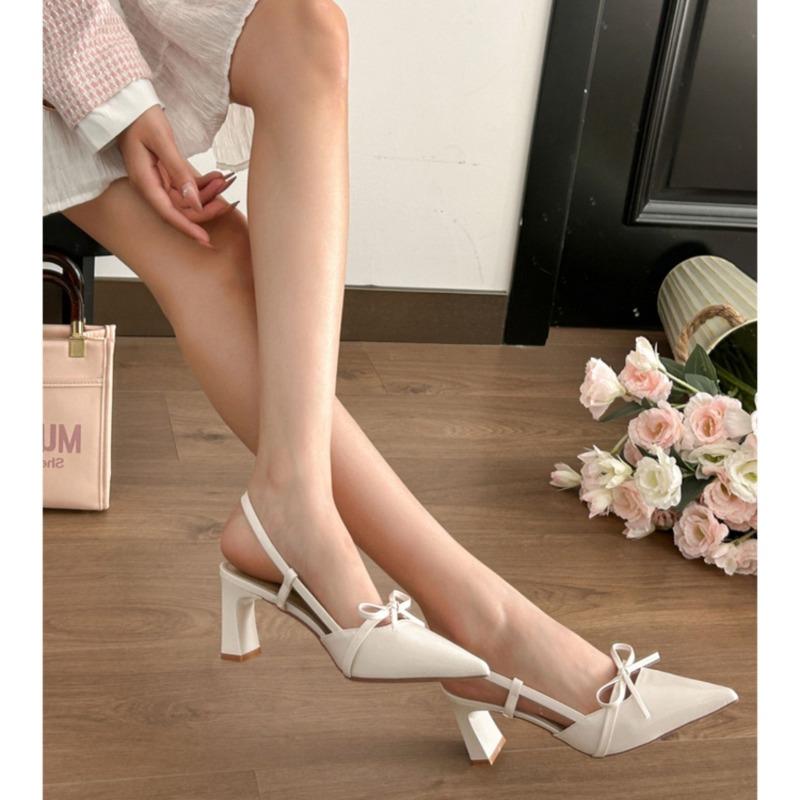 High-heeled sandals women's pointed bow word with temperament thick-heeled sandals women's fashion versatile outer sandals
